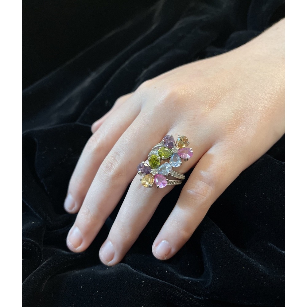 JTV W 9.25 Sterling Silver Floral Multi Colored Gemstone Zirconia Accent Sz 5.5